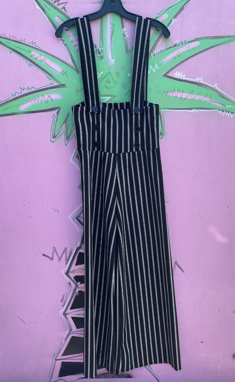 VAMP AS-IS 1990S MADE IN USA STRETCH VERTICAL STRIPED JUMPSUIT FRONT BUTTONS in BLACK, WHITE