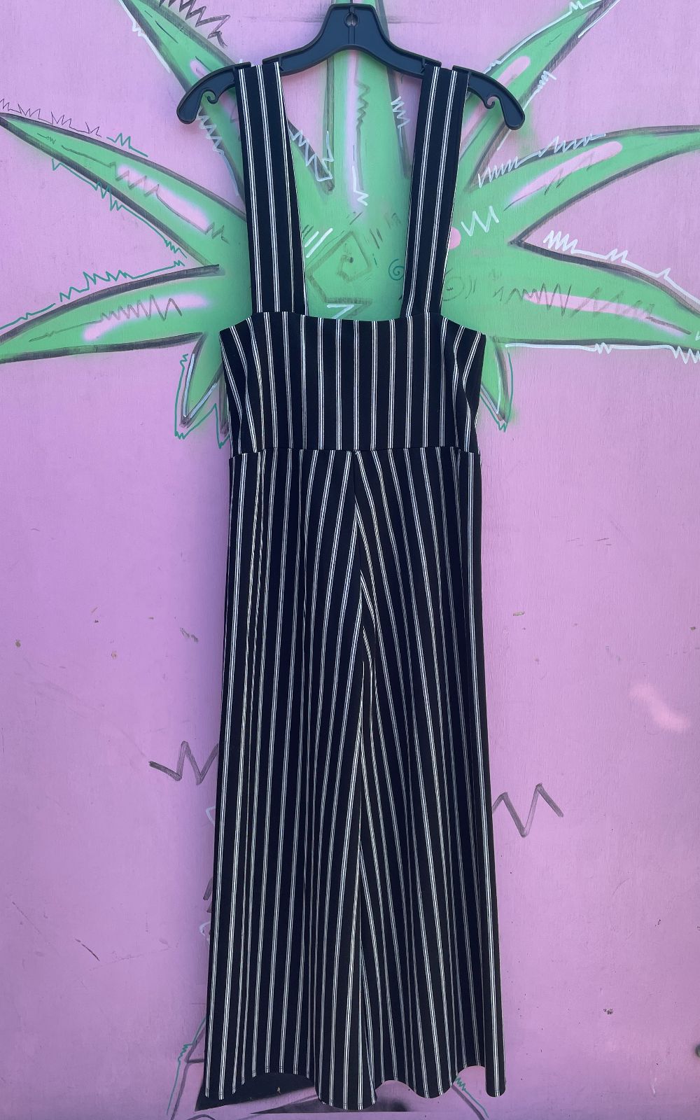 VAMP AS-IS 1990S MADE IN USA STRETCH VERTICAL STRIPED JUMPSUIT FRONT BUTTONS in BLACK, WHITE