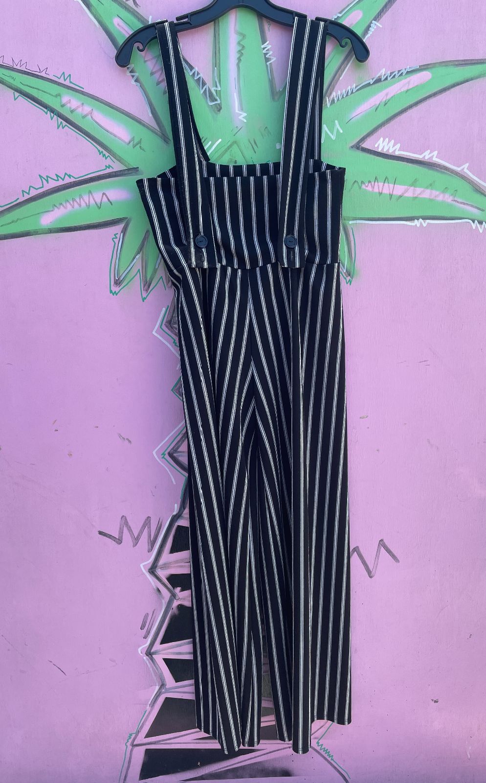 VAMP AS-IS 1990S MADE IN USA STRETCH VERTICAL STRIPED JUMPSUIT FRONT BUTTONS in BLACK, WHITE