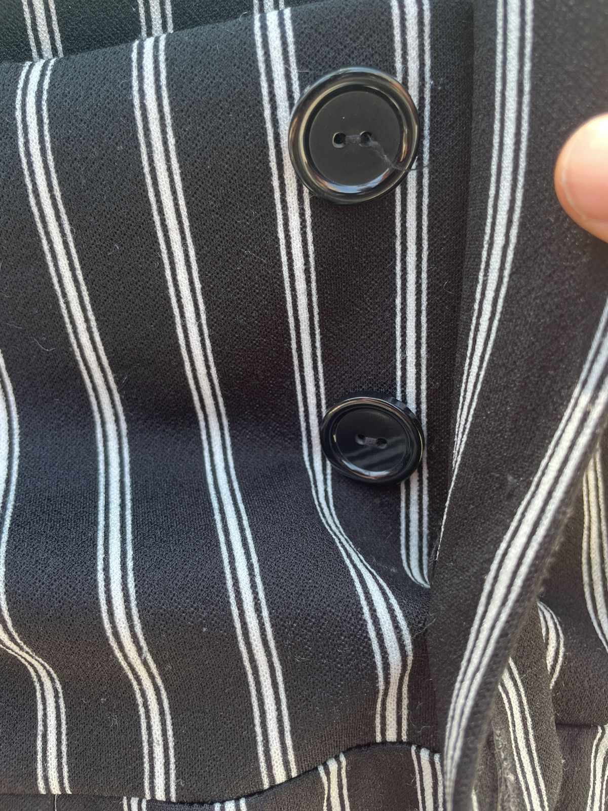 VAMP AS-IS 1990S MADE IN USA STRETCH VERTICAL STRIPED JUMPSUIT FRONT BUTTONS in BLACK, WHITE