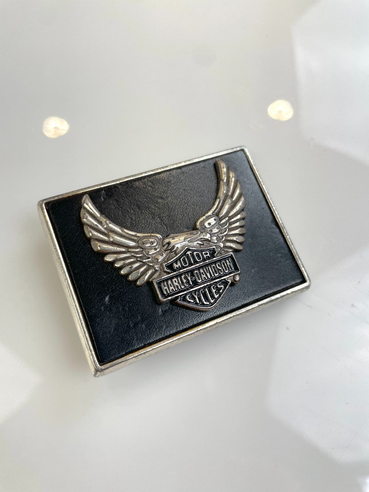 HARLEY DAVIDSON SQUARED HARLEY DAVIDSON LEATHER INLAY BELT BUCKLE in SILVER, BLACK
