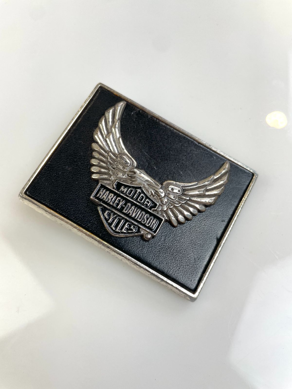 HARLEY DAVIDSON SQUARED HARLEY DAVIDSON LEATHER INLAY BELT BUCKLE in SILVER, BLACK