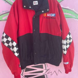 CHASE AUTHENTICS NASCAR RACING EMBROIDERED COLORBLOCK PUFFY JACKET W/ CHECKERED SLEEVES in RED, BLACK