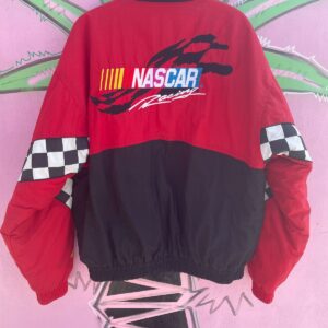 CHASE AUTHENTICS NASCAR RACING EMBROIDERED COLORBLOCK PUFFY JACKET W/ CHECKERED SLEEVES in RED, BLACK