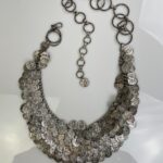 1980S ANTIQUE SILVER MULTI LAYER MESH DANGLING FRENCH COIN CHAIN HIP BELT
