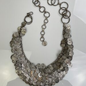 1980S ANTIQUE SILVER MULTI LAYER MESH DANGLING FRENCH COIN CHAIN HIP BELT in SILVER