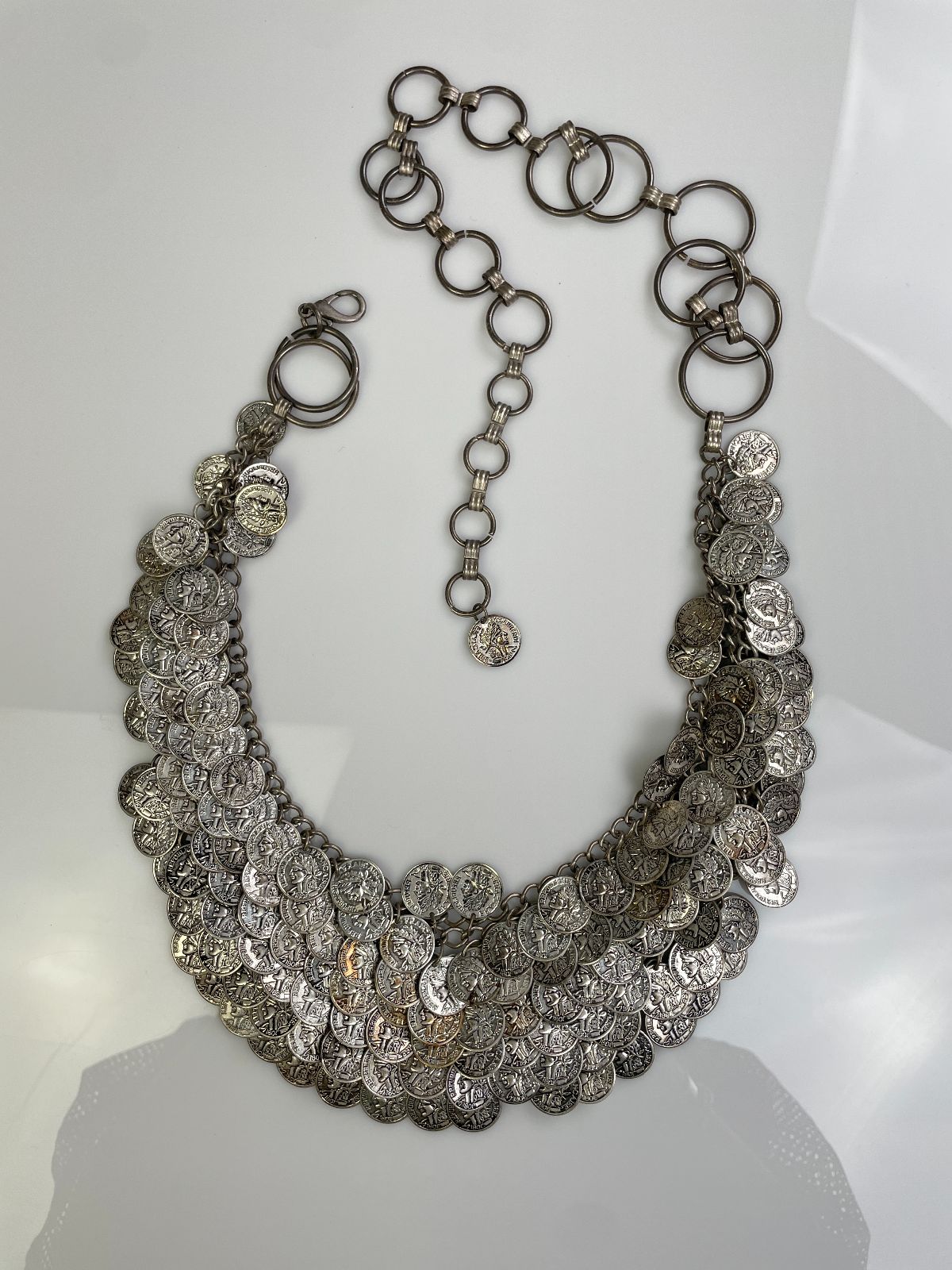 1980S ANTIQUE SILVER MULTI LAYER MESH DANGLING FRENCH COIN CHAIN HIP BELT in SILVER