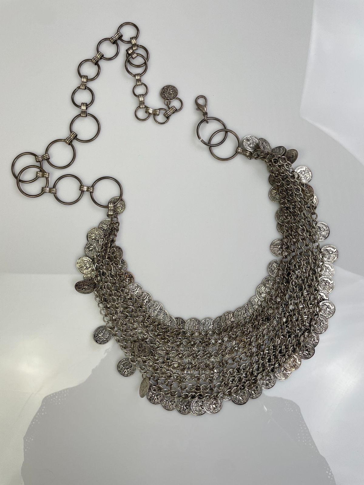 1980S ANTIQUE SILVER MULTI LAYER MESH DANGLING FRENCH COIN CHAIN HIP BELT in SILVER