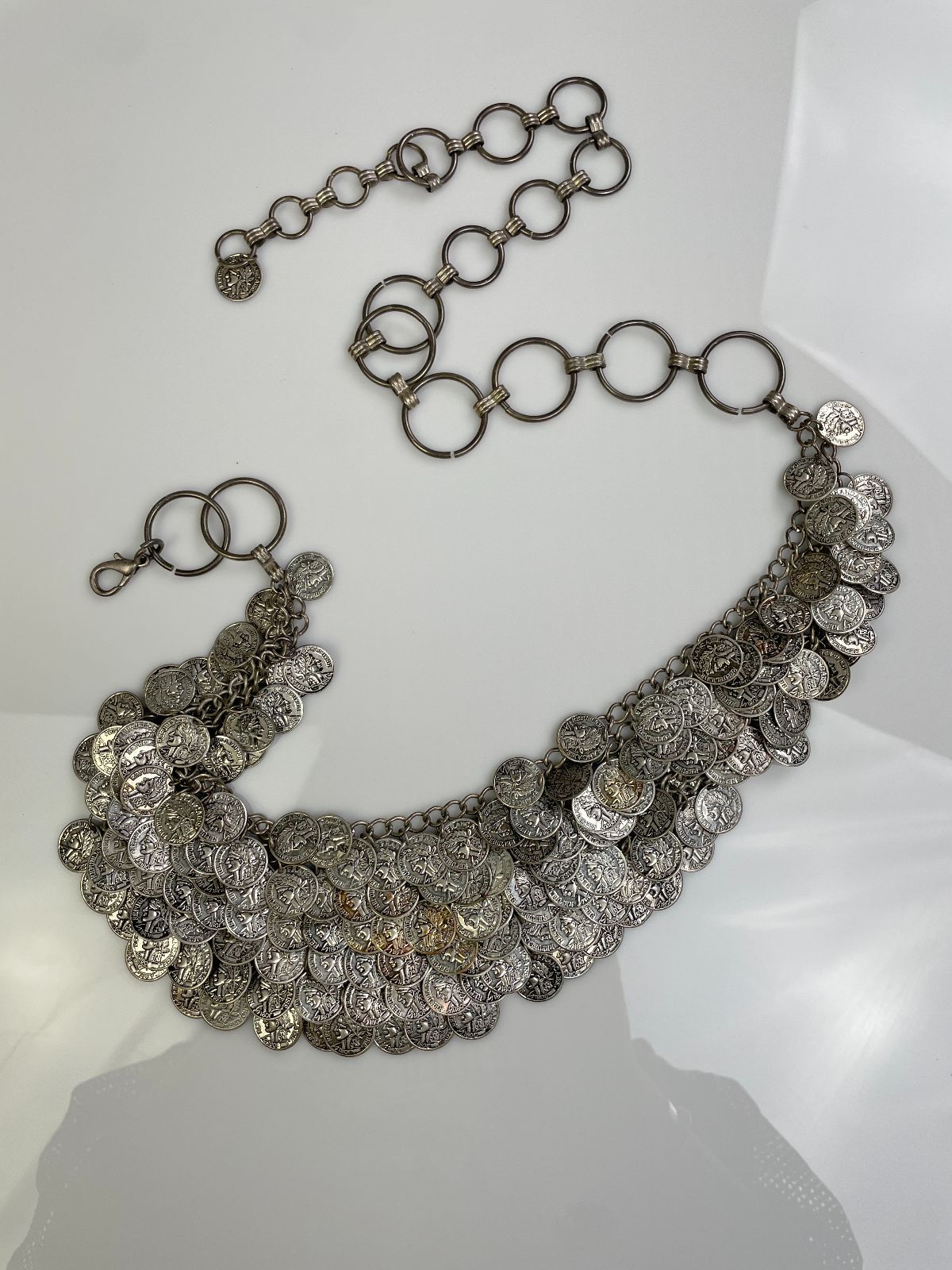 1980S ANTIQUE SILVER MULTI LAYER MESH DANGLING FRENCH COIN CHAIN HIP BELT in SILVER