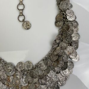 1980S ANTIQUE SILVER MULTI LAYER MESH DANGLING FRENCH COIN CHAIN HIP BELT in SILVER