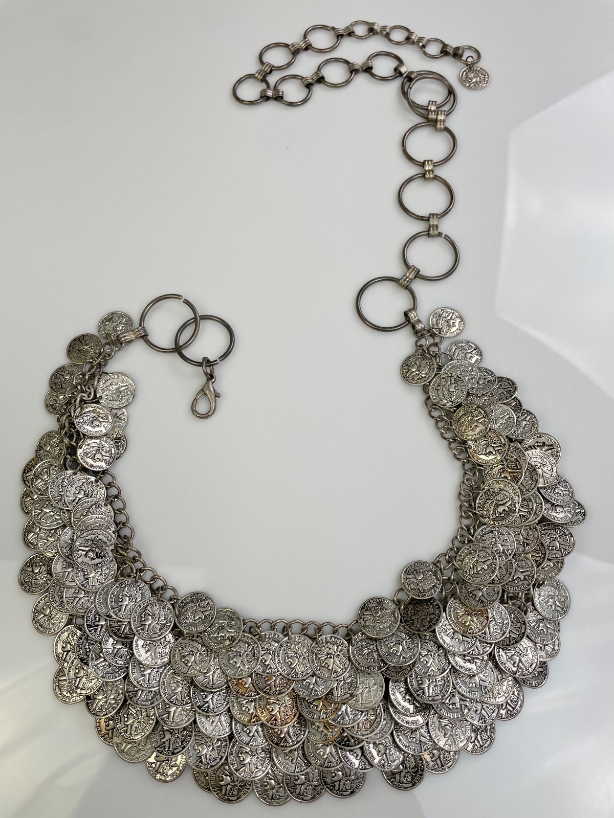 1980S ANTIQUE SILVER MULTI LAYER MESH DANGLING FRENCH COIN CHAIN HIP BELT in SILVER