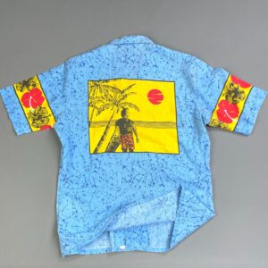 OCEANAIRE RAD! 1980S COLOR BLOCK CRACKLE PRINT SHORT SLEEVE BUTTON DOWN SHIRT - SURFER BACK GRAPHIC in BLUE