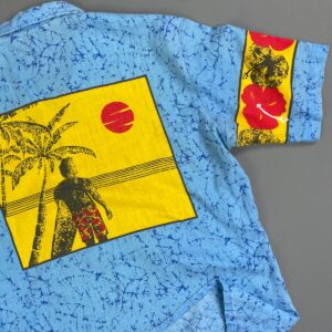 OCEANAIRE RAD! 1980S COLOR BLOCK CRACKLE PRINT SHORT SLEEVE BUTTON DOWN SHIRT - SURFER BACK GRAPHIC in BLUE