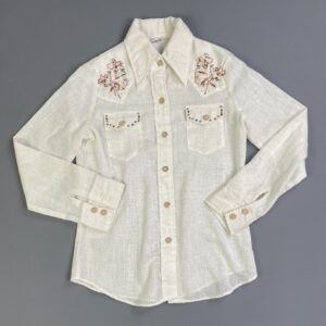 KENNINGTON 1970S SHEER GAUZE EMBROIDERED & RHINESTONE STUDDED LONG SLEEVE BUTTON DOWN SHIRT in CREME