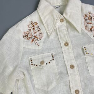 KENNINGTON 1970S SHEER GAUZE EMBROIDERED & RHINESTONE STUDDED LONG SLEEVE BUTTON DOWN SHIRT in CREME