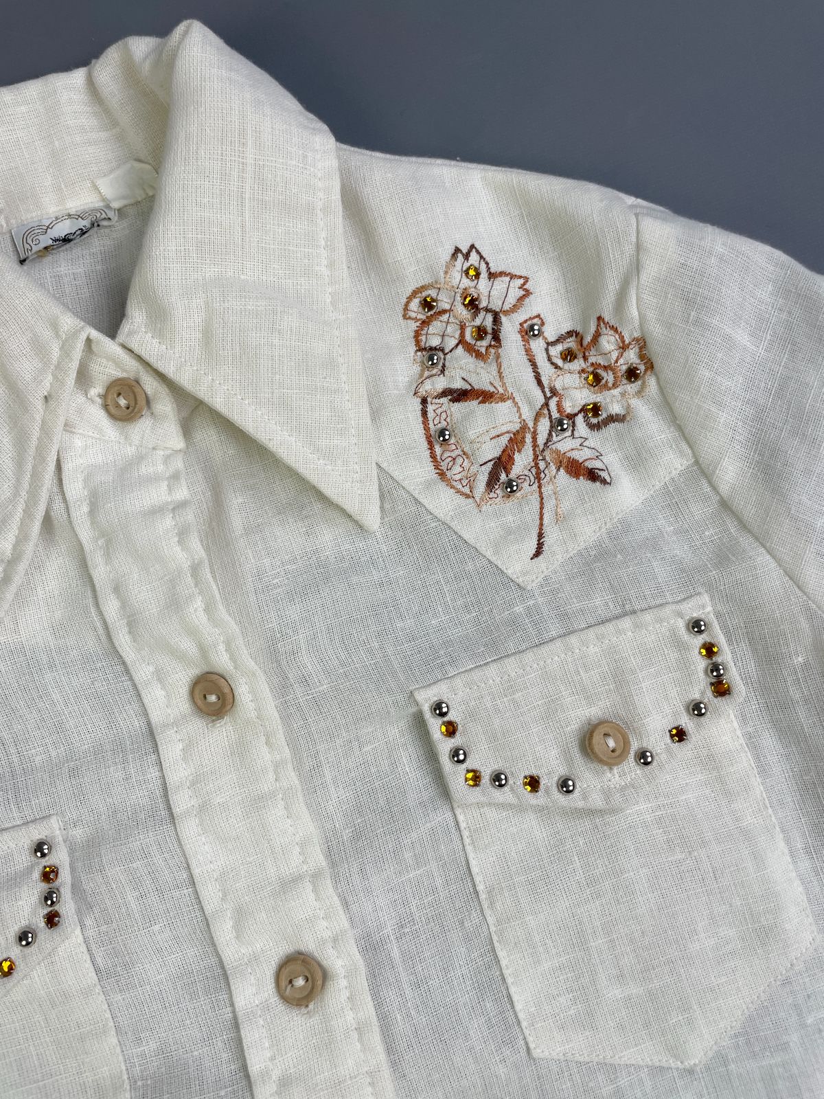 KENNINGTON 1970S SHEER GAUZE EMBROIDERED & RHINESTONE STUDDED LONG SLEEVE BUTTON DOWN SHIRT in CREME