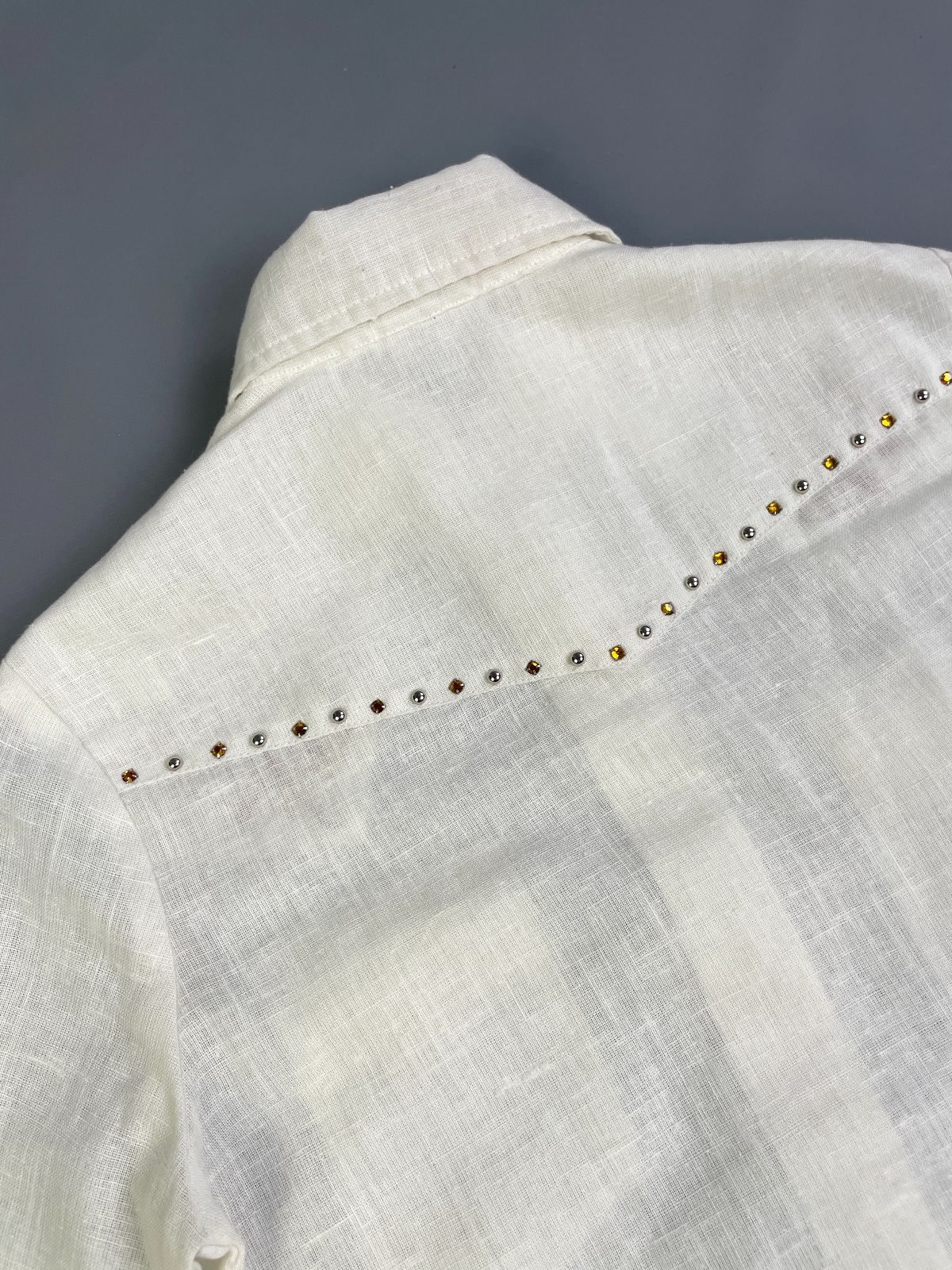 KENNINGTON 1970S SHEER GAUZE EMBROIDERED & RHINESTONE STUDDED LONG SLEEVE BUTTON DOWN SHIRT in CREME