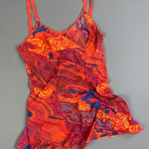 OLGA BRIGHT! 1970S SHEER PRINTED MESH CAMISOLE, NIGHTGOWN MINI DRESS in ORANGE, PURPLE