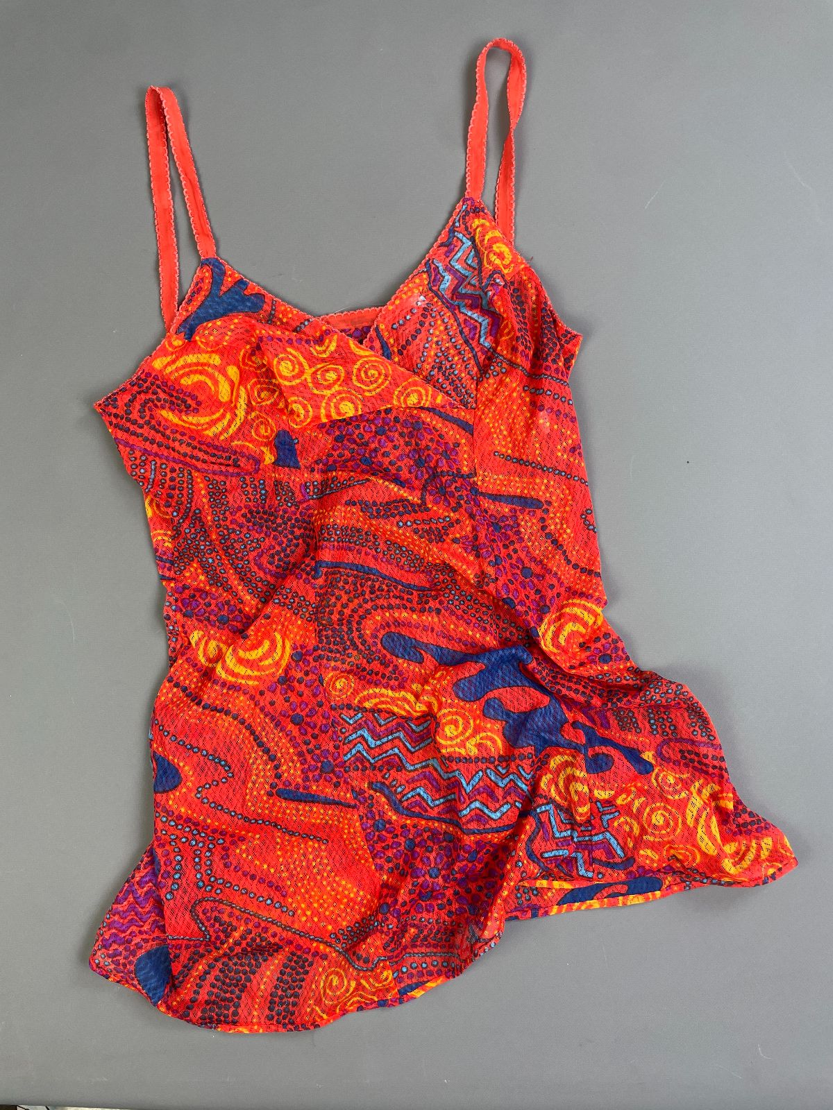 OLGA BRIGHT! 1970S SHEER PRINTED MESH CAMISOLE, NIGHTGOWN MINI DRESS in ORANGE, PURPLE
