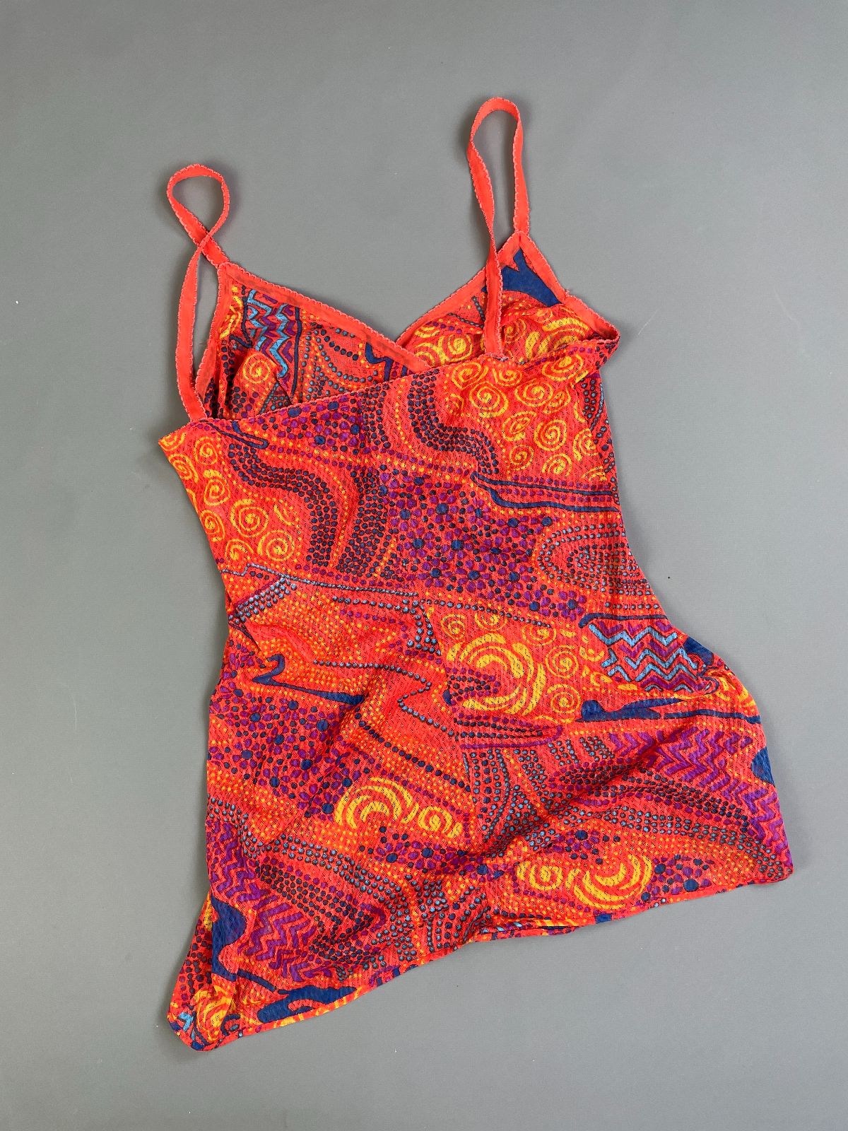 OLGA BRIGHT! 1970S SHEER PRINTED MESH CAMISOLE, NIGHTGOWN MINI DRESS in ORANGE, PURPLE
