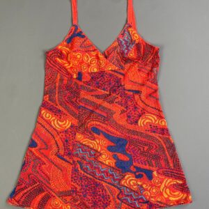 OLGA BRIGHT! 1970S SHEER PRINTED MESH CAMISOLE, NIGHTGOWN MINI DRESS in ORANGE, PURPLE