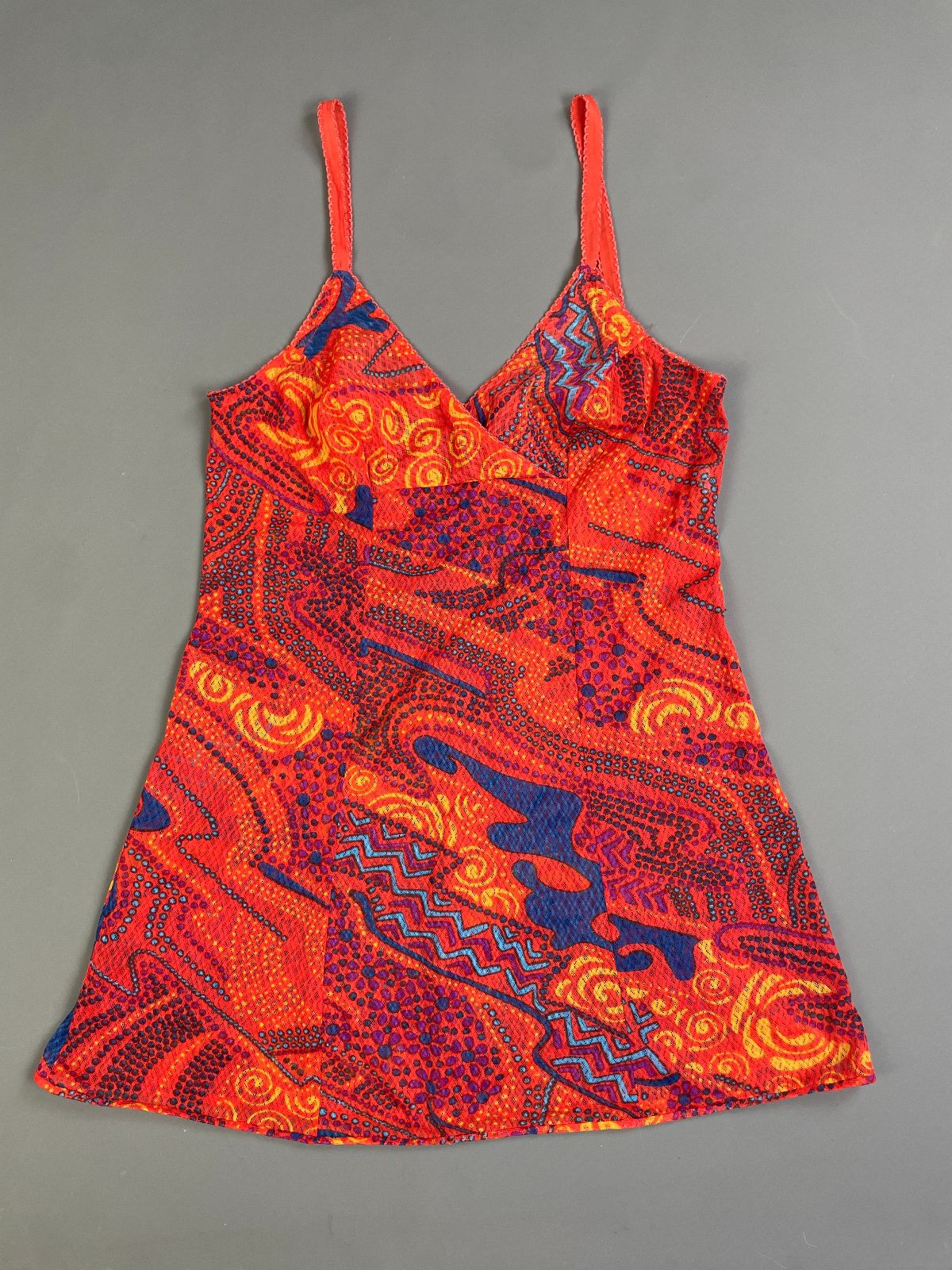 OLGA BRIGHT! 1970S SHEER PRINTED MESH CAMISOLE, NIGHTGOWN MINI DRESS in ORANGE, PURPLE