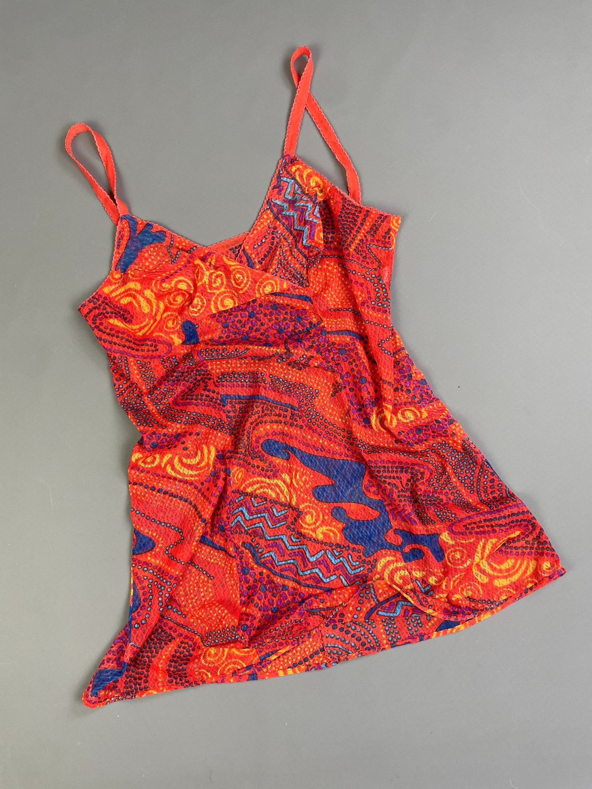 OLGA BRIGHT! 1970S SHEER PRINTED MESH CAMISOLE, NIGHTGOWN MINI DRESS in ORANGE, PURPLE