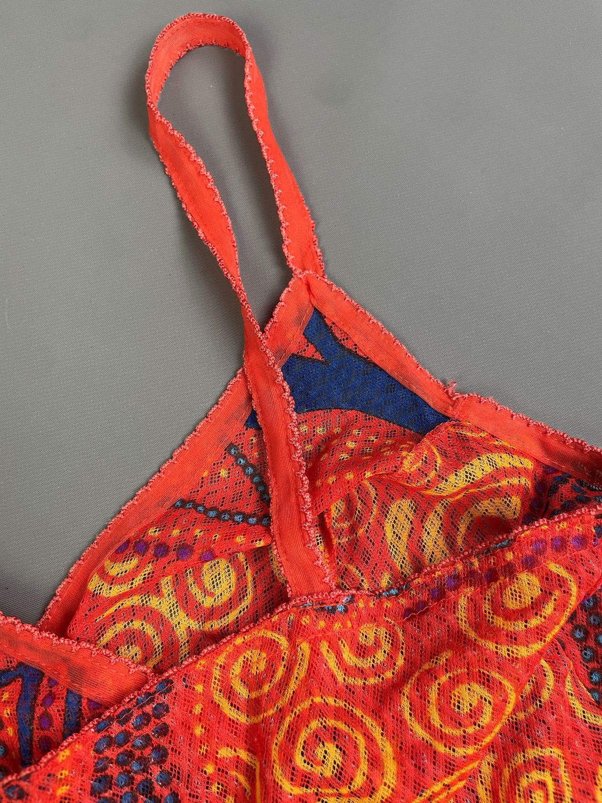 OLGA BRIGHT! 1970S SHEER PRINTED MESH CAMISOLE, NIGHTGOWN MINI DRESS in ORANGE, PURPLE