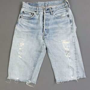 LEVIS RAD! TOTALLY TRASHED VTG LEVIS 501 CUT OFF DENIM SHORTS JORTS - LONG CUT - SELVEDGE in BLUE