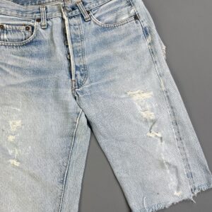 LEVIS RAD! TOTALLY TRASHED VTG LEVIS 501 CUT OFF DENIM SHORTS JORTS - LONG CUT - SELVEDGE in BLUE