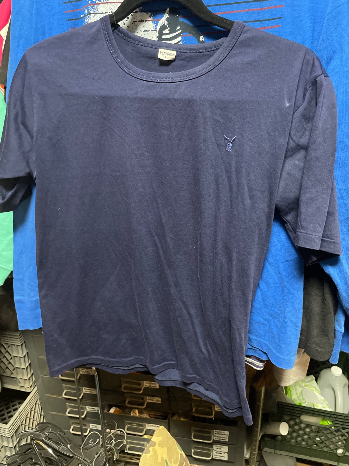 playboy AS-IS PLAYBOY L NAVY BLUE T-SHIRT WITH EMBROIDERED LOGO in BLUE, BLACK