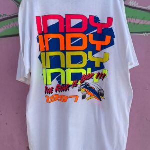 FRUIT OF LOOM AS-IS  DEADSTOCK DAYGLOW 1997 81ST INDY 500 RACING T-SHIRT in WHITE
