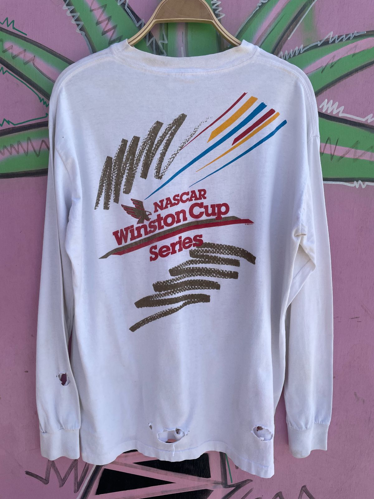 WINSTON AS-IS THRASHED NASCAR WINSTON CUP LONG SLEEVE POCKET T-SHIRT in WHITE