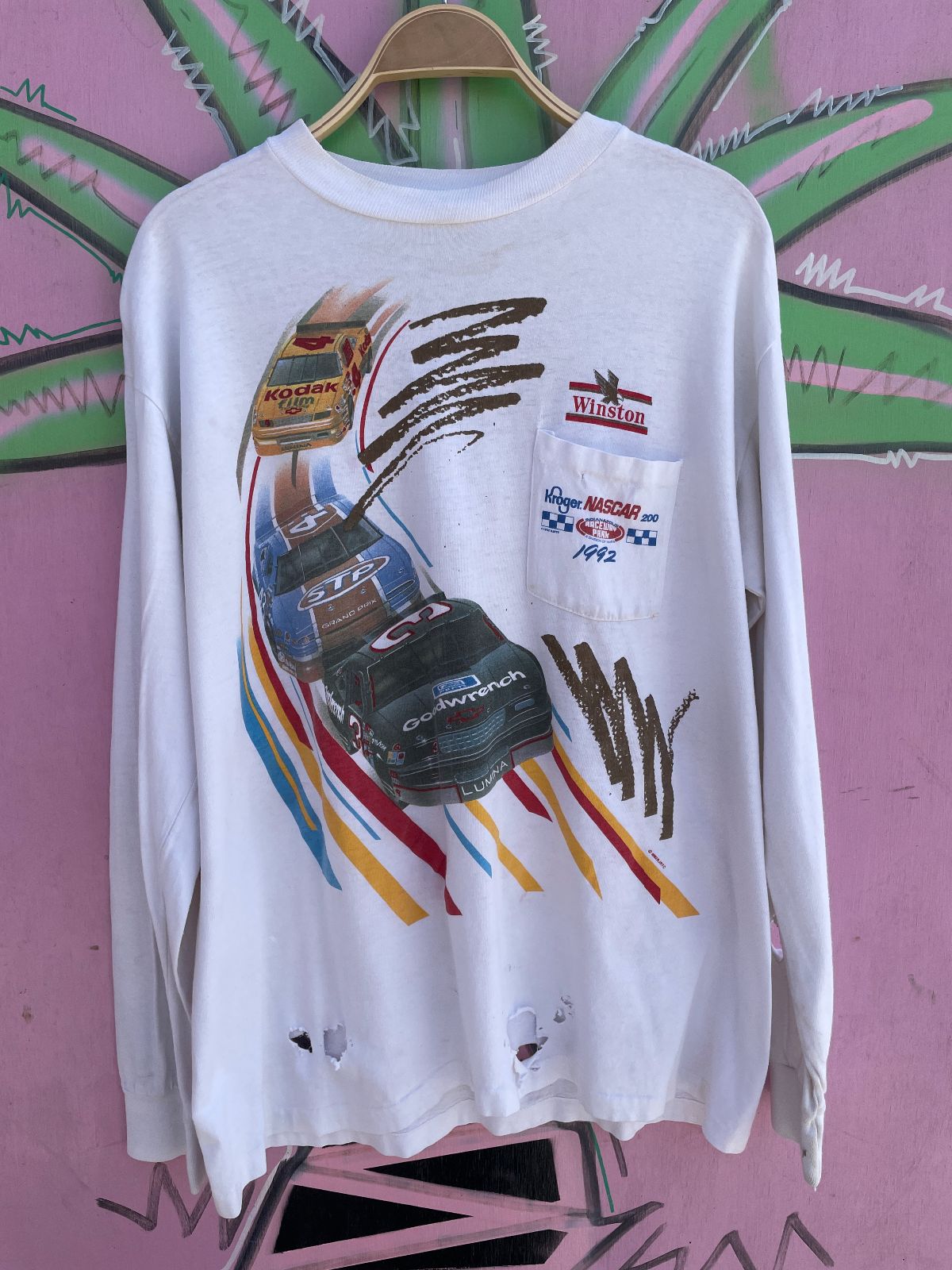 WINSTON AS-IS THRASHED NASCAR WINSTON CUP LONG SLEEVE POCKET T-SHIRT in WHITE