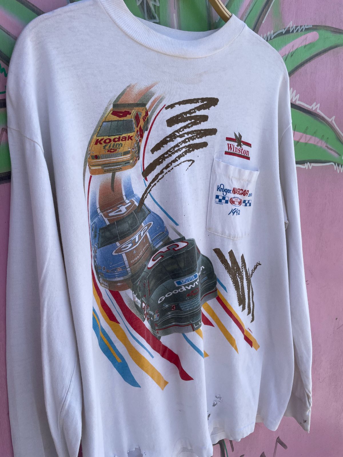 WINSTON AS-IS THRASHED NASCAR WINSTON CUP LONG SLEEVE POCKET T-SHIRT in WHITE