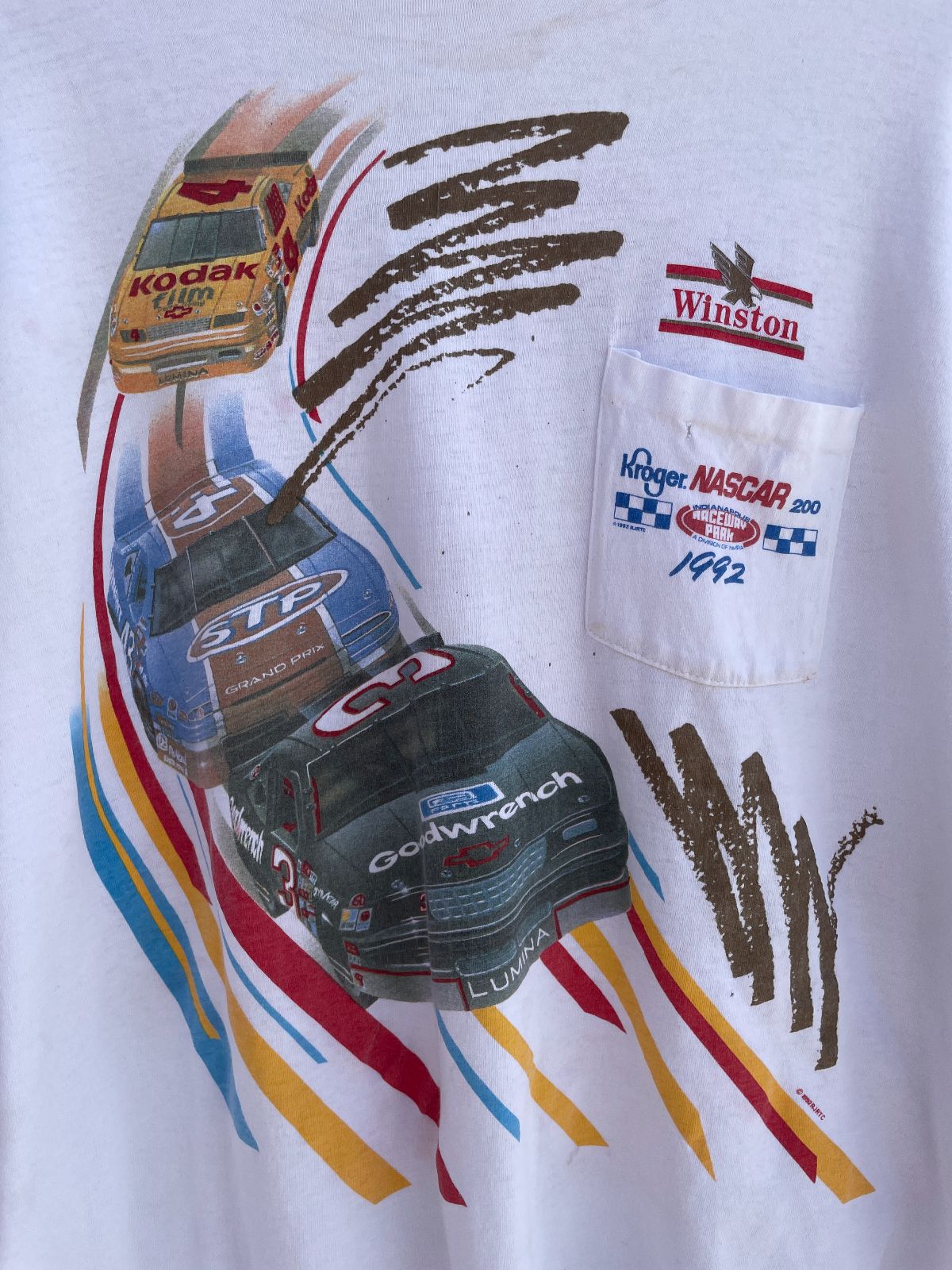 WINSTON AS-IS THRASHED NASCAR WINSTON CUP LONG SLEEVE POCKET T-SHIRT in WHITE
