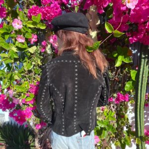 COOL!! *AS-IS* FULLY EYELET STUDDED SUEDE JACKET, SNAP BUTTONS, TAPERED FIT in BLACK