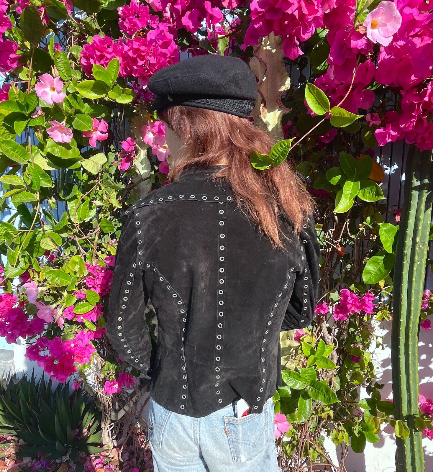 COOL!! *AS-IS* FULLY EYELET STUDDED SUEDE JACKET, SNAP BUTTONS, TAPERED FIT in BLACK