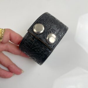 TOOLED LEATHER CUFF BRACELET, DOUBLE SNAP BUTTON CLOSURE in BLACK