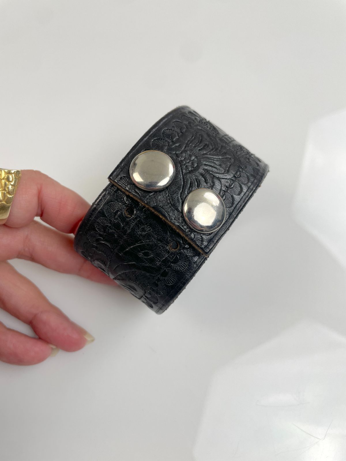 TOOLED LEATHER CUFF BRACELET, DOUBLE SNAP BUTTON CLOSURE in BLACK