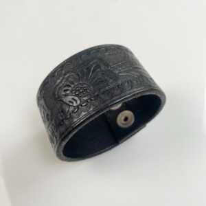 TOOLED LEATHER CUFF BRACELET, DOUBLE SNAP BUTTON CLOSURE in BLACK