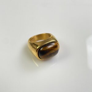 POLISHED TIGERS EYE GOLD PLATED SIGNET STYLE RING in GOLD, BROWN, YELLOW