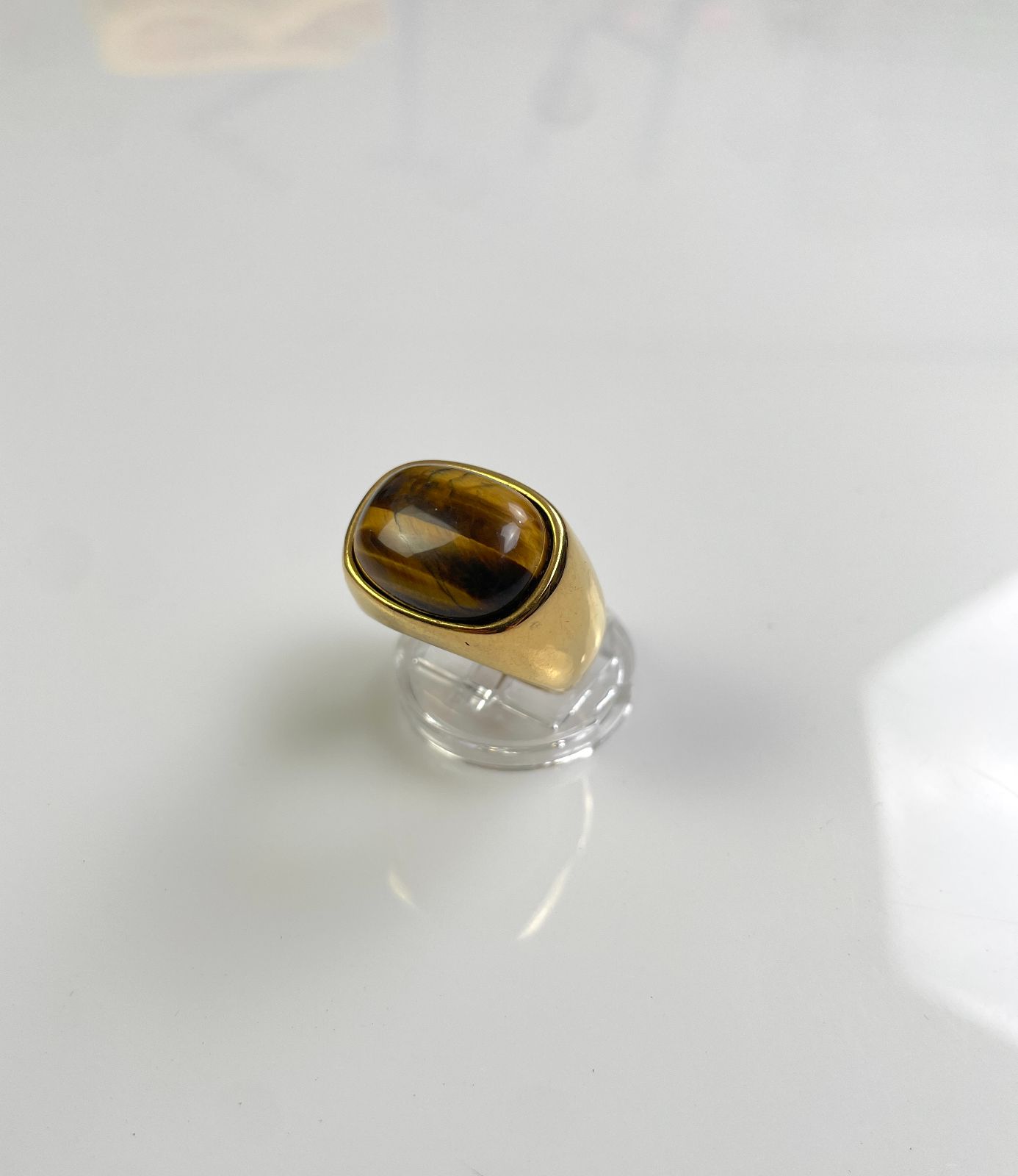 POLISHED TIGERS EYE GOLD PLATED SIGNET STYLE RING in GOLD, BROWN, YELLOW