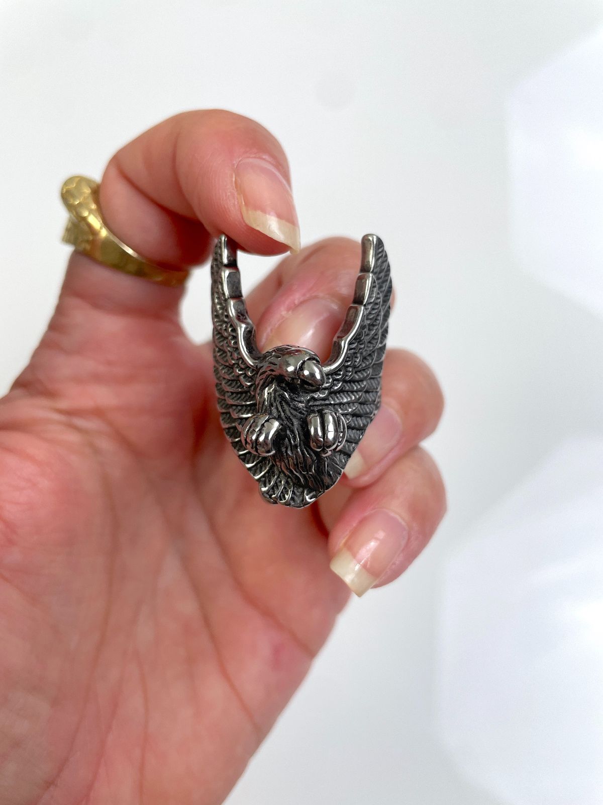 EAGLE RING HIGH POLISHED BLACKENED STAINLESS STEEL in SILVER