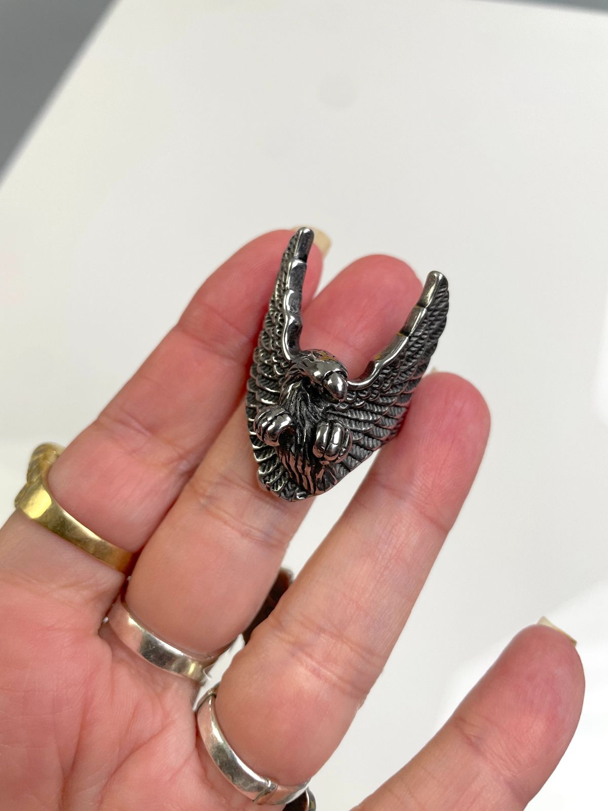 EAGLE RING HIGH POLISHED BLACKENED STAINLESS STEEL in SILVER