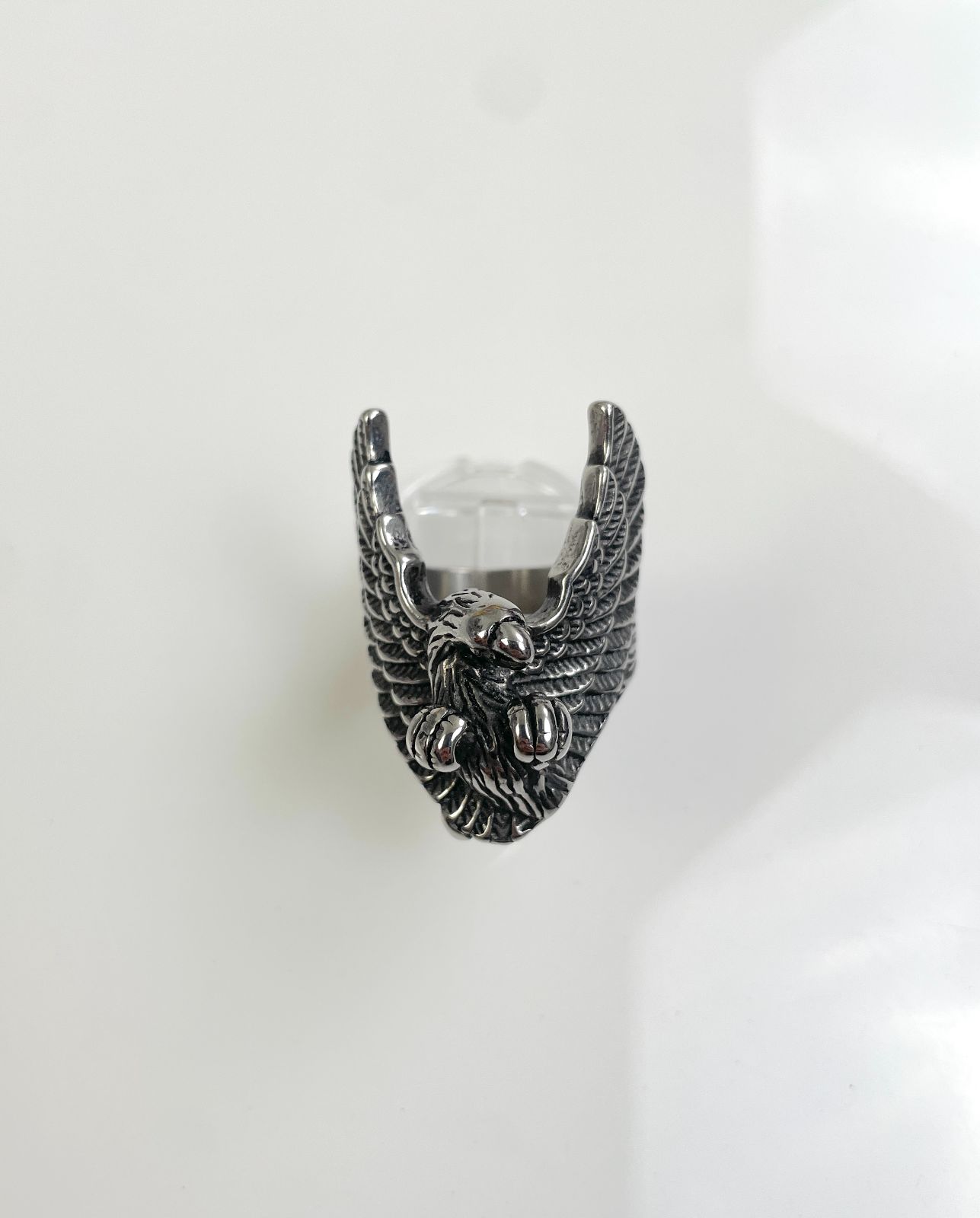 EAGLE RING HIGH POLISHED BLACKENED STAINLESS STEEL in SILVER