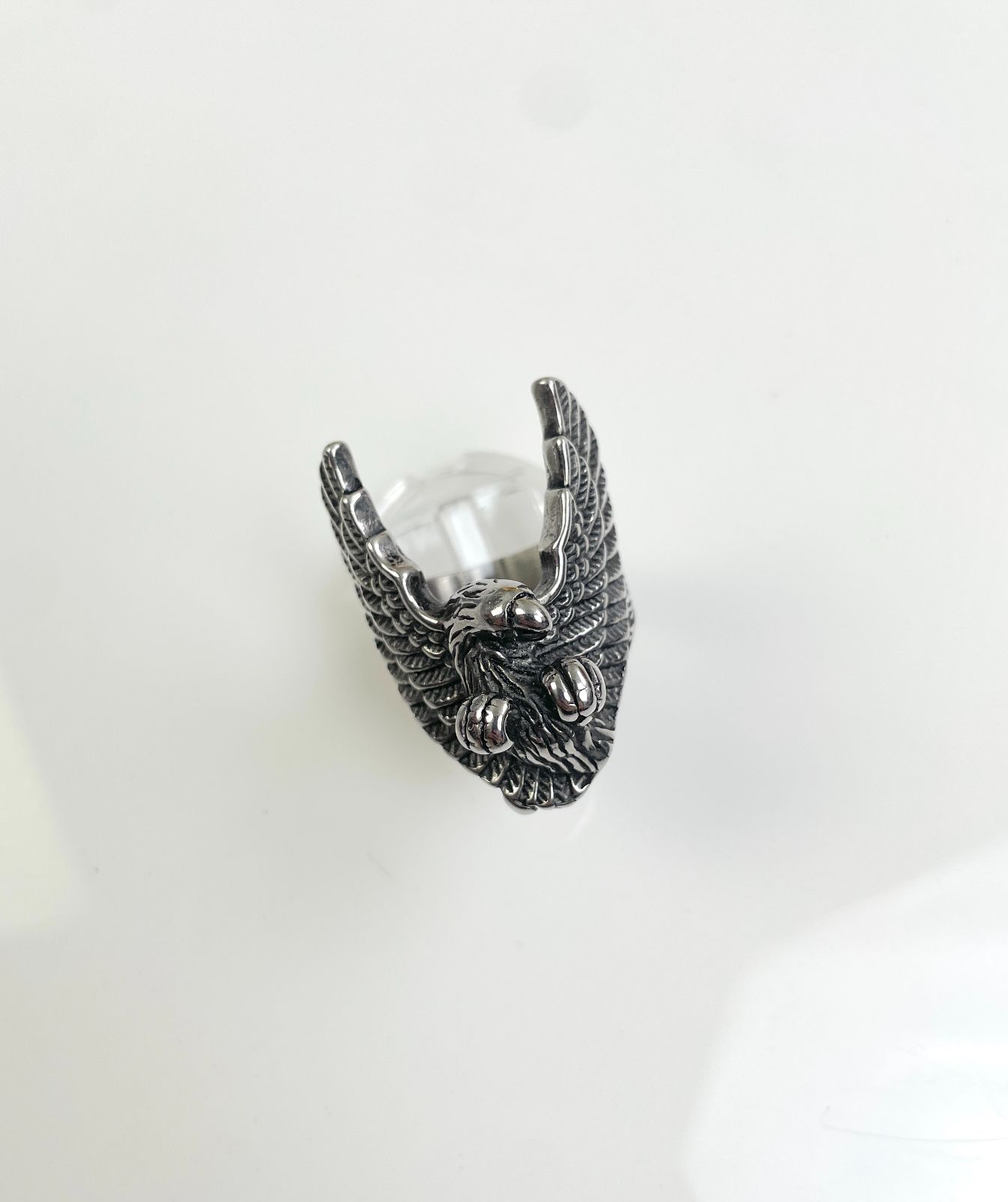 EAGLE RING HIGH POLISHED BLACKENED STAINLESS STEEL in SILVER