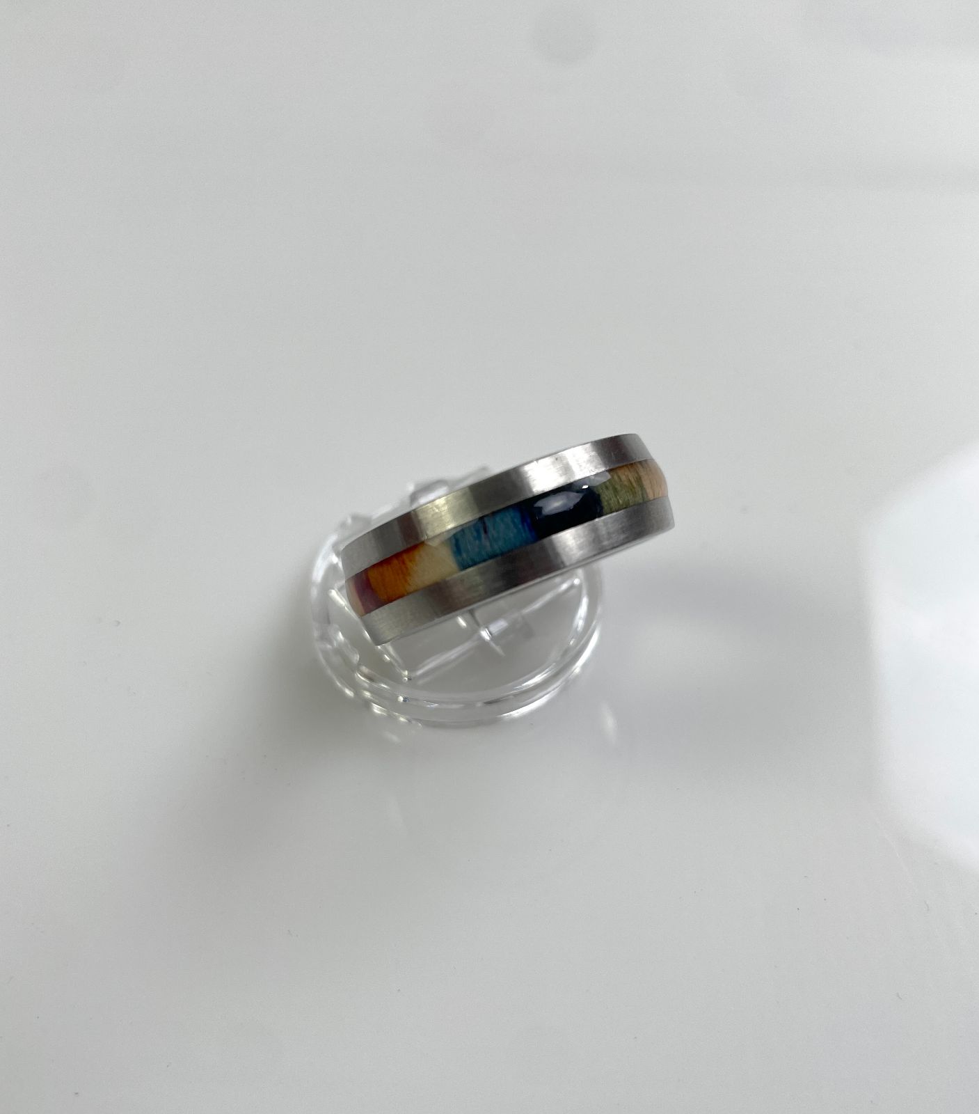 COLORED WOOD GRAIN INLAY RING BRUSHED SILVER BAND in SILVER, MULTI