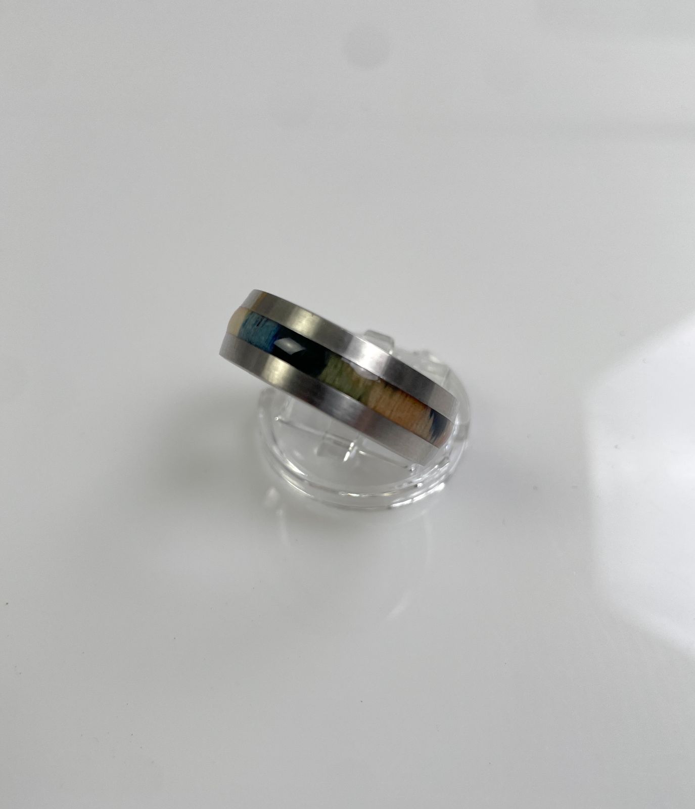 COLORED WOOD GRAIN INLAY RING BRUSHED SILVER BAND in SILVER, MULTI