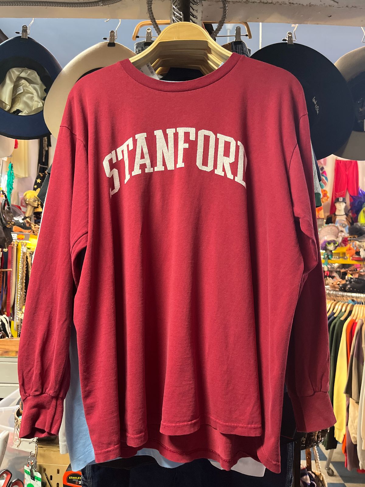 WIDEWORLD SPORTSWEAR 1990S LONG SLEEVE STANFORD LOGO COLLEGIATE T-SHIRT in MAROON